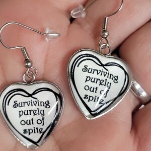 Surviving Purely Out Of Spite 😛 Heart Earrings Dark Funny Gothic Black or White